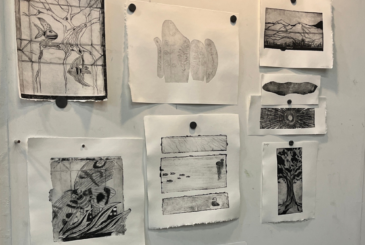 Collection of black-and-white sketches pinned to a white wall, including trees, plants, and landscape images.