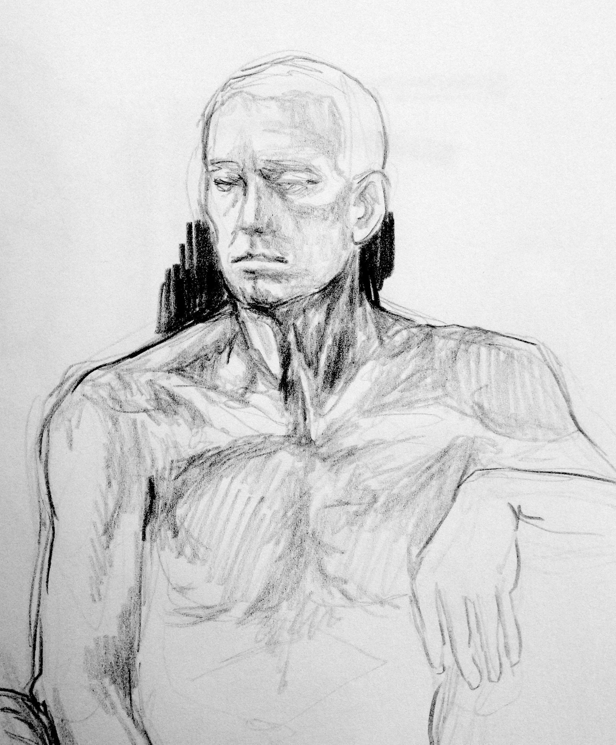 drawing of a man from wait up sitting and looking toward the left