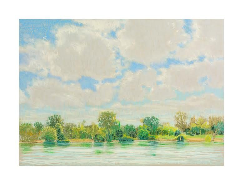 Landscape drawing of a blue sky with clouds, green trees near the bottom of the image