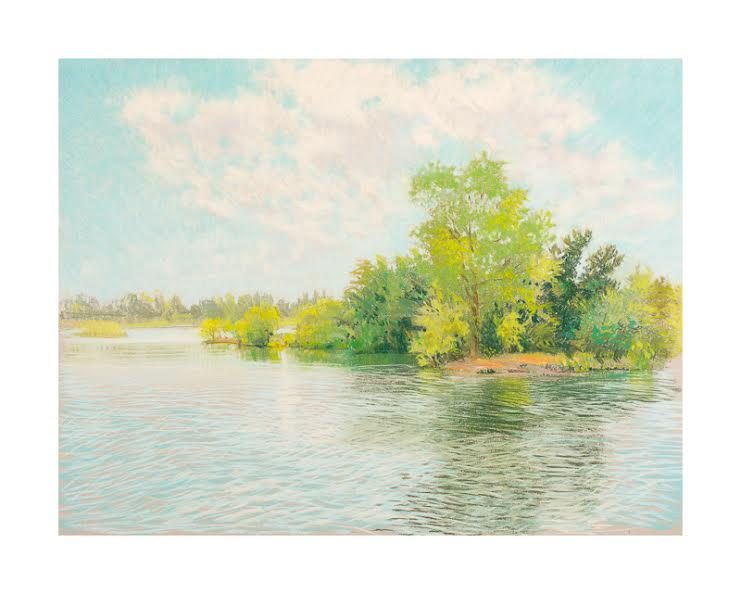 Landsape drawing of a lake with trees in the distance