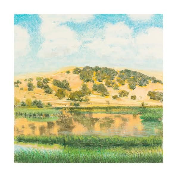 Landscape drawing of a blue sky with clouds, a yellow hill with green trees reflecting in a lake