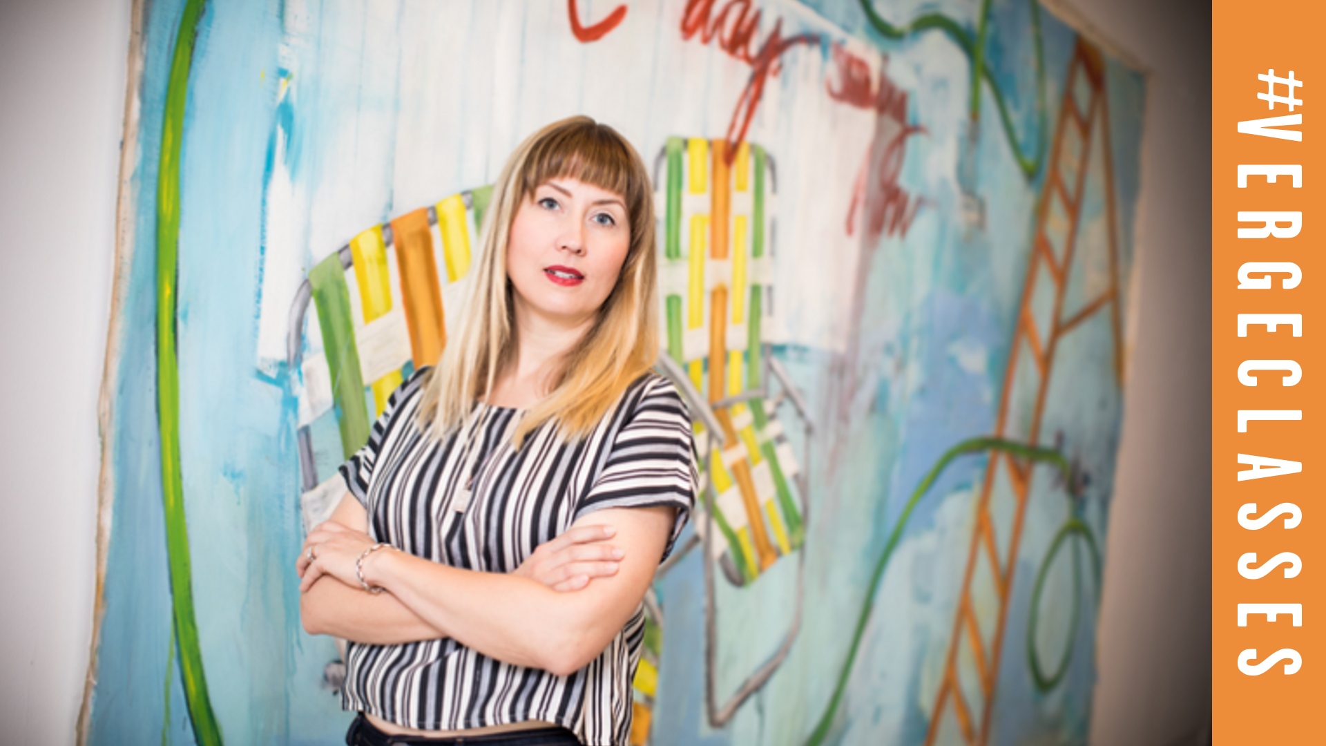 Head shot of Liv Moe with arms crossed against a colorful background #vergeartclasses banner on the right side