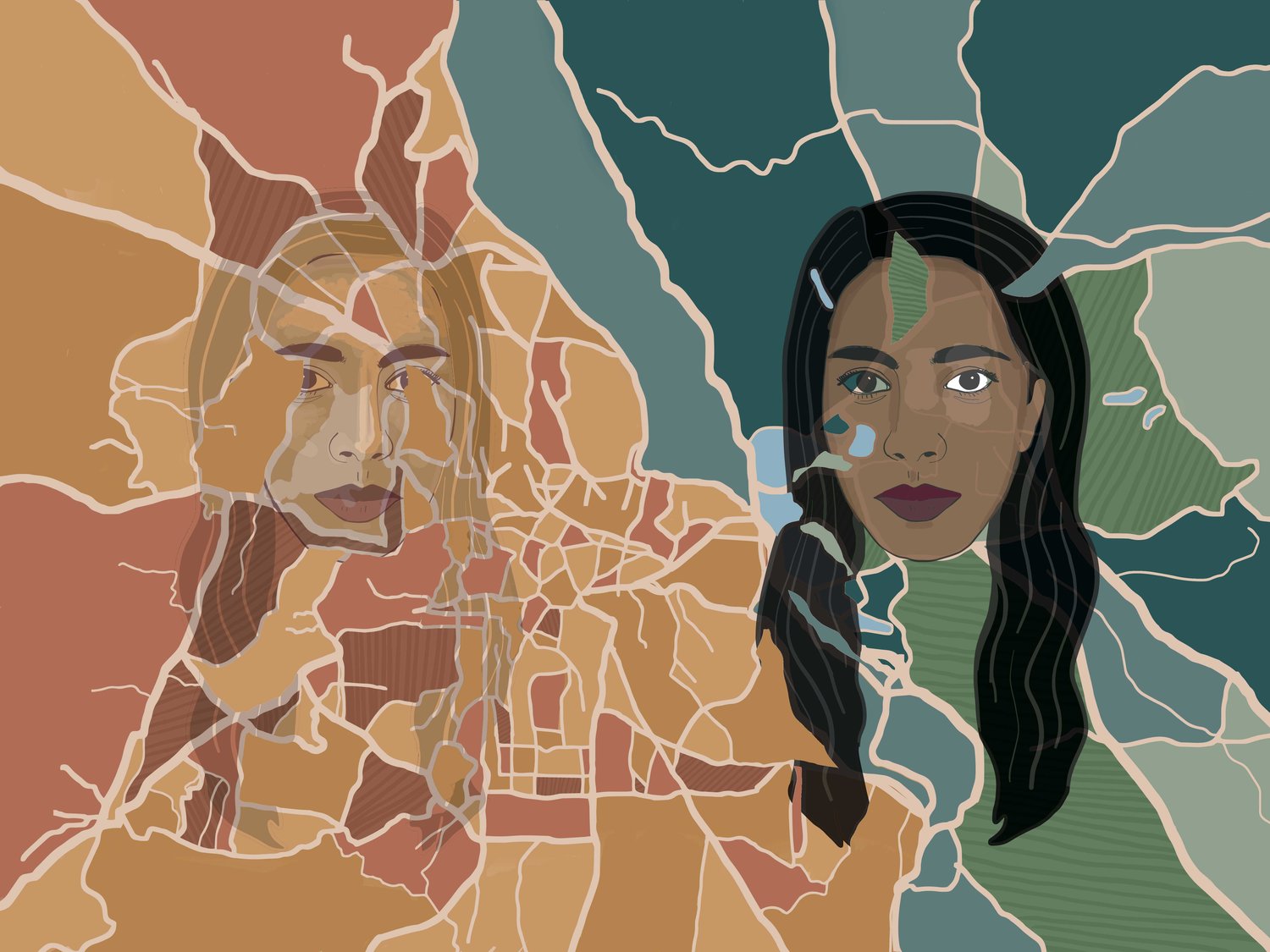 Painting by artist Chaitra Bangalore, double portrait of a women with brown skin and black hair, the background is split down the middle with orange patchwork colorfields on the left, and blue green on the right.