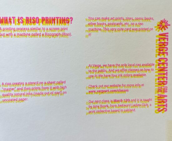 Poster explaining Risograph printing with pink and yellow overlapping text on white paper; vertical colorful typography on the right edge.