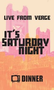 Digital Auction Program cover reading "Live from Verge – It's Saturday Night" with the word Dinner next to an illustration of a vintage TV set