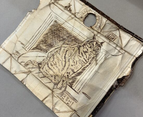 Torn sketchbook page with a detailed line drawing of a wolf in a room, surrounded by architectural sketches and a circular hole near the top edge.