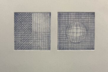 Two blue grid panels side by side on a beige background, with a spherical wireframe over the right panel.