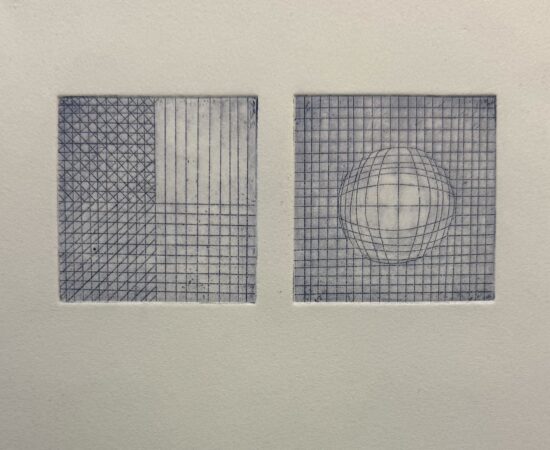 Two blue grid panels side by side on a beige background, with a spherical wireframe over the right panel.