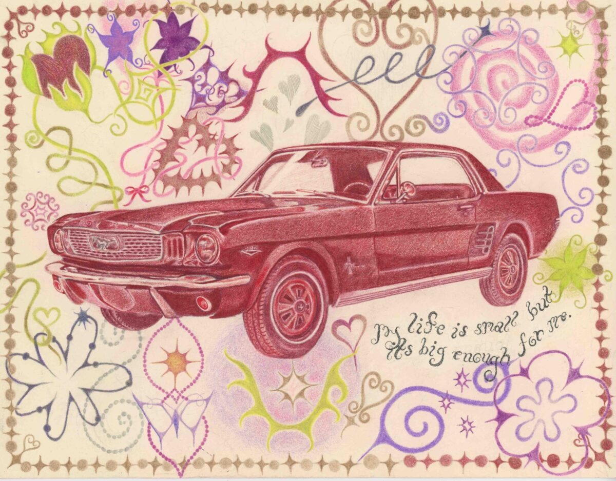 Red vintage car illustration surrounded by colorful swirls, hearts, and floral patterns on a decorative border.