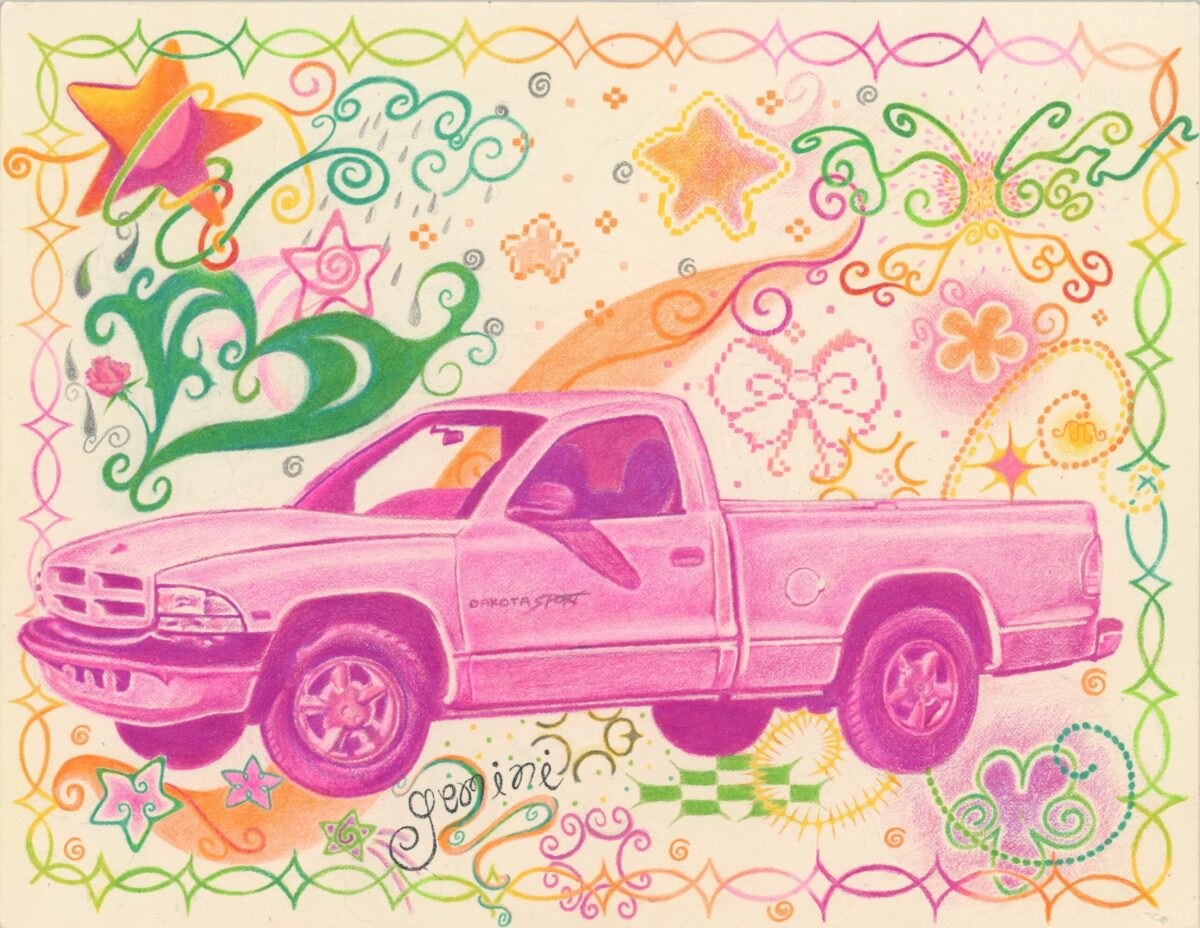 Pink pickup truck surrounded by bright swirling decorative patterns in rainbow colors.
