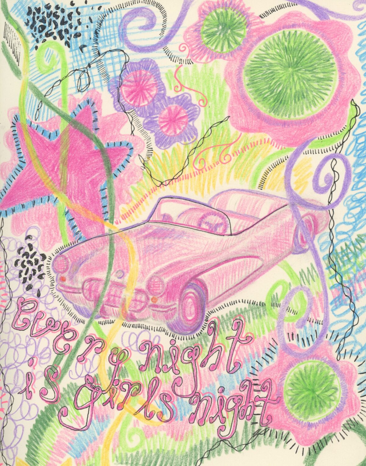 Abstract, vibrant doodle with pink, green, and blue shapes, spirals and scribbled text across the bottom.