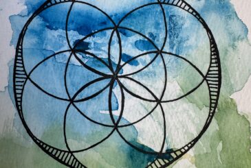 Abstract geometric art: interlocking circles forming the Flower of Life inside a large black circle, set on a blue-green watercolor wash background.