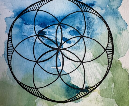 Abstract geometric art: interlocking circles forming the Flower of Life inside a large black circle, set on a blue-green watercolor wash background.