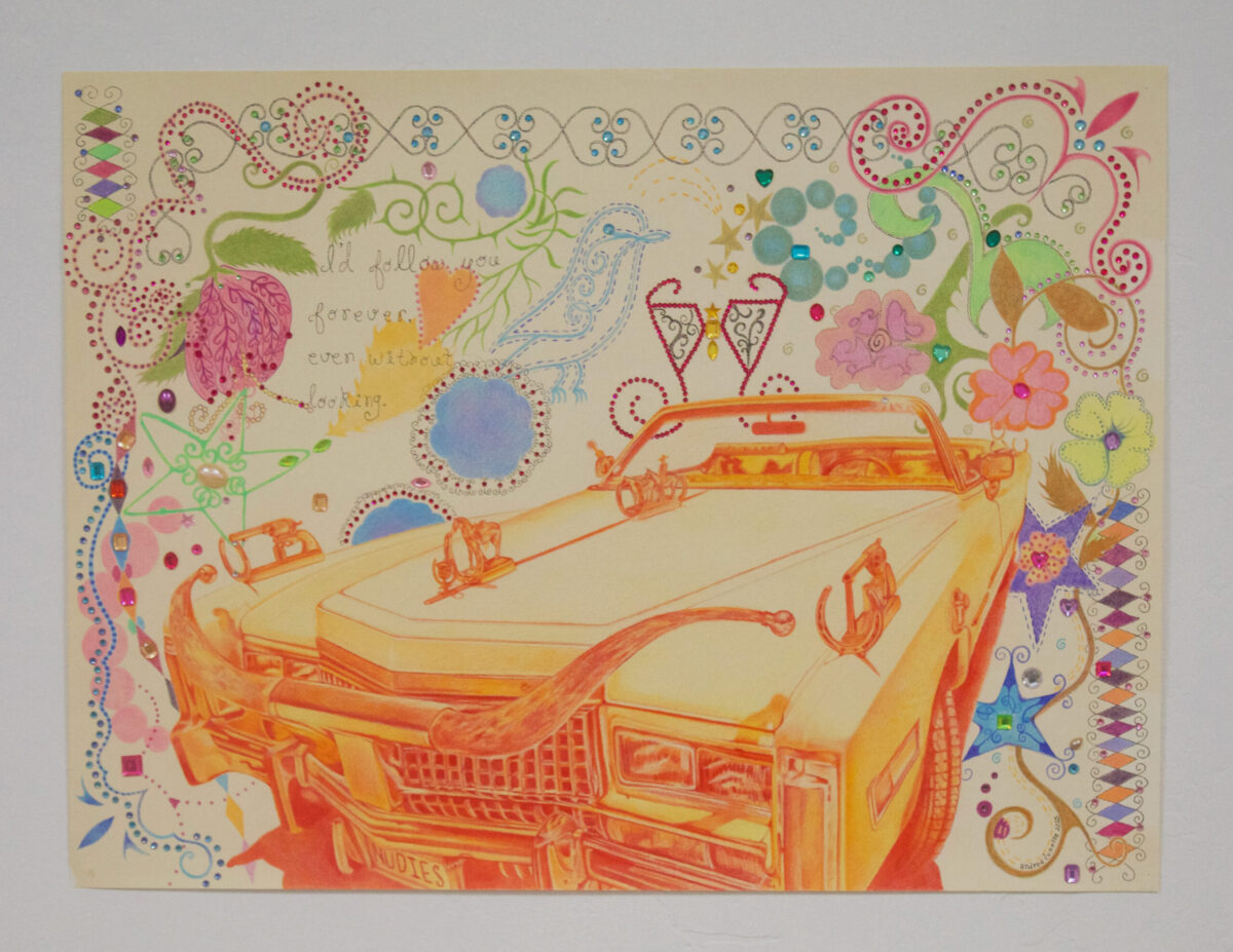 Colorful decorative illustration featuring an orange vintage car surrounded by swirls, flowers, and jewel-like embellishments.