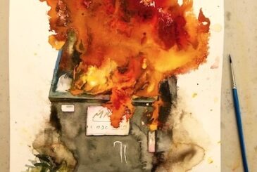 Watercolor illustration of a gray dumpster engulfed in tall orange-red flames, with a blue-handled paintbrush beside it on a white sheet.