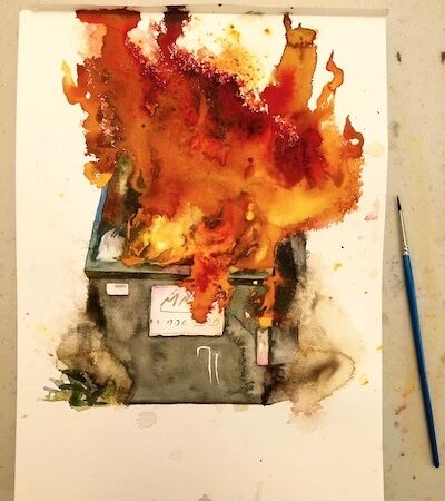 Watercolor illustration of a gray dumpster engulfed in tall orange-red flames, with a blue-handled paintbrush beside it on a white sheet.