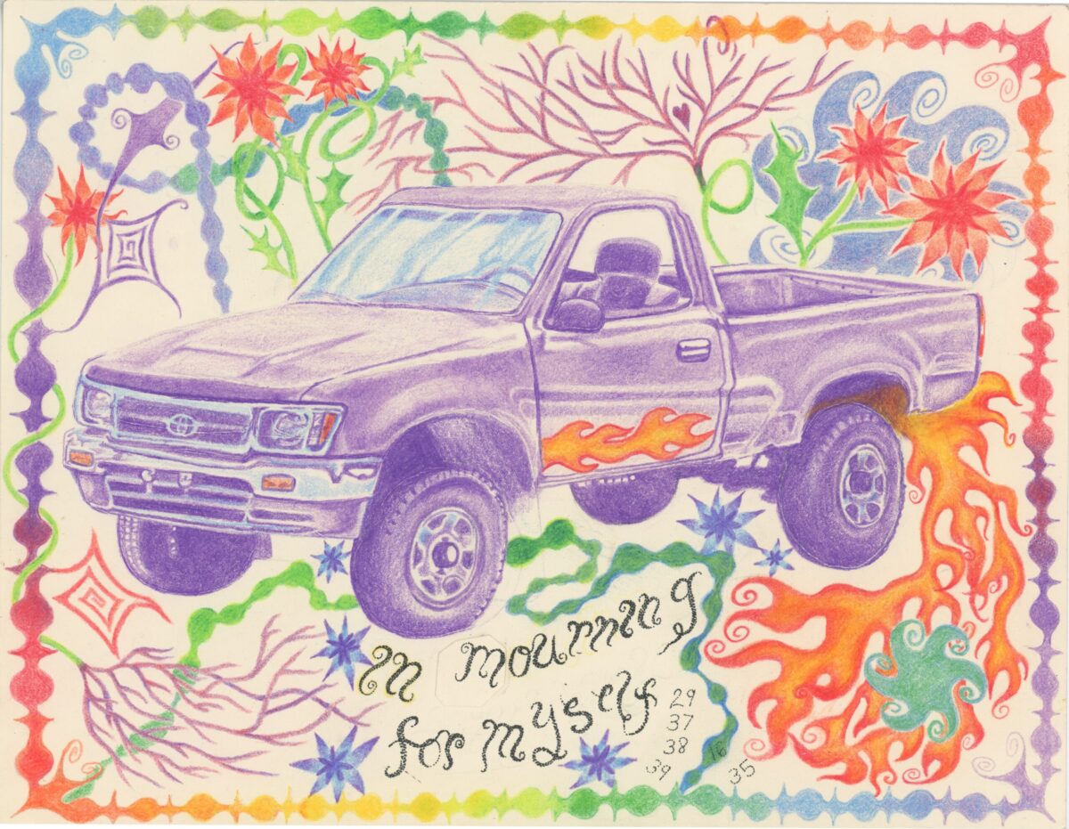 Purple pickup truck with orange flame decals, surrounded by a vibrant, psychedelic border of flowers and swirls.