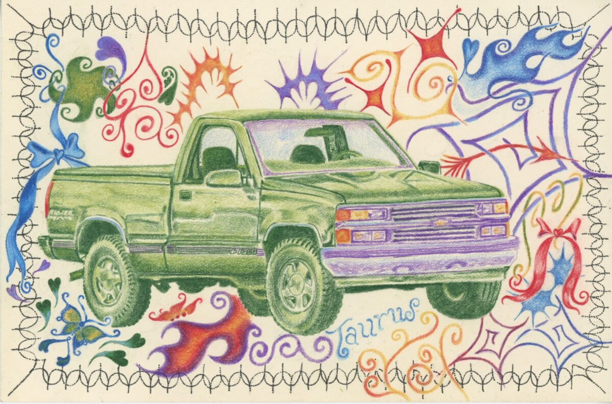 Green pickup truck illustrated amid bright, swirling abstract patterns and a stitched border background.