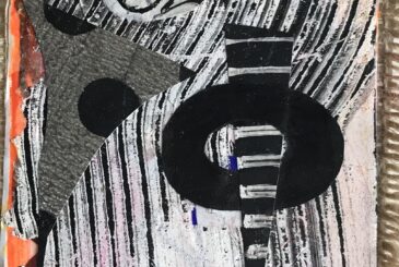 Abstract grayscale collage with a circular spiral motif over striped black-and-white background; orange edges visible.