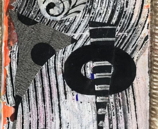 Abstract grayscale collage with a circular spiral motif over striped black-and-white background; orange edges visible.