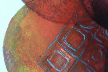 Close-up of a textured, circular abstract painting with red, orange, yellow, and blue hues and blue outlines outlining circular patterns