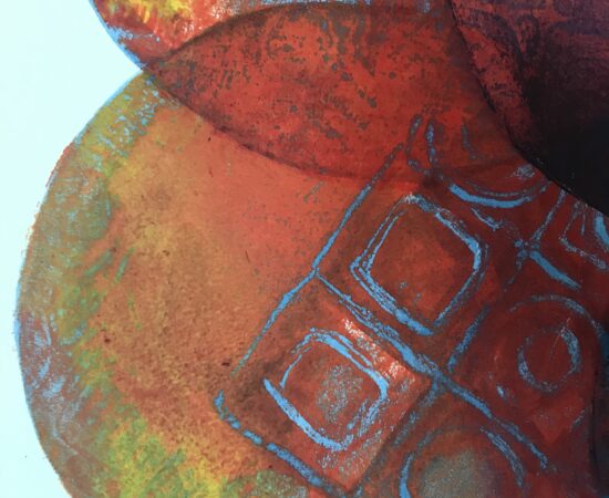 Close-up of a textured, circular abstract painting with red, orange, yellow, and blue hues and blue outlines outlining circular patterns