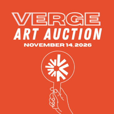 Verge Art Auction poster on an orange background with bold white text reading November 14, 2026, and a line-drawn hand holding a stylized light bulb with a starburst.