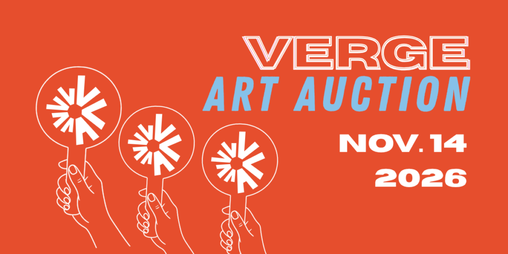 VAA 2026 Web Banner 2 - Verge Center for the Arts Promotional poster for Verge Art Auction on an orange background showing three hands holding round white-spoked discs and the date NOV.14 2026.
