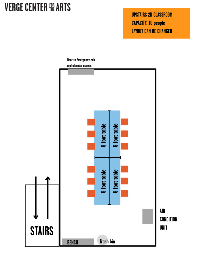 Floor Plan for Classrooms 1 - Verge Center for the Arts Layout of Upstairs 2D classroom at Verge Center for the Arts showing two 8-foot tables with chairs around them, doors and stairs nearby.